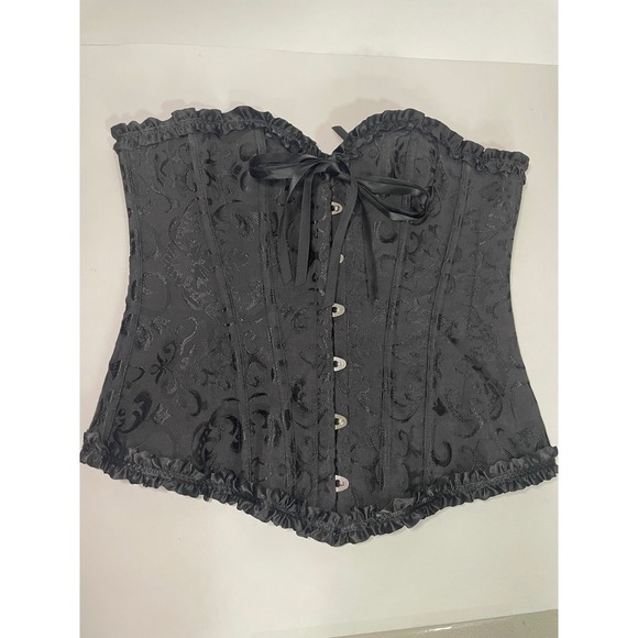 Other - Black Jacquard Brocade‎ Corset Bustier Ruffle Lace Up Front Boned Women's Size M